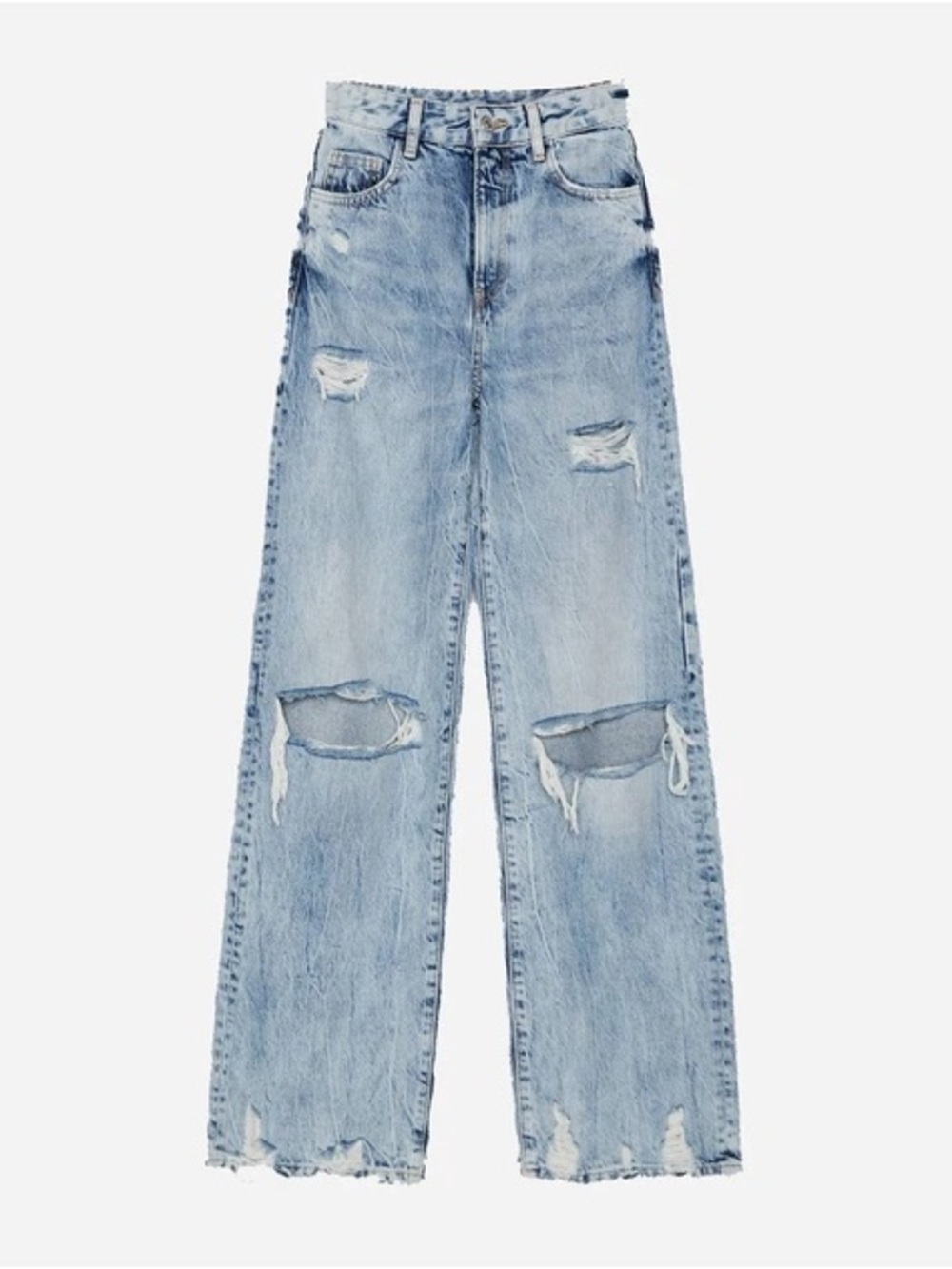 BERSHKA - Light Wash Distressed Wide-Leg Jeans - Light Blue